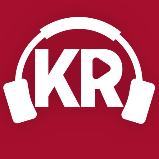 A white "K" and "R" under a white headset over a crimson red background. The hole in the "R" is replaced by a play button.